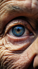 Timeless Beauty. Macro Close-Up of the Face of a Very Old Woman with Focused Blue Eyes. AI Generative