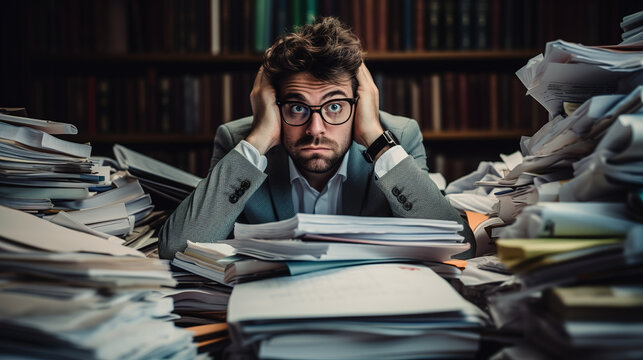 Tired stressed exhausted fustrated male accountant or office worker or businessman among pile of papers. Digital illustration generative AI.