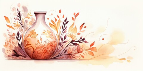  An Illustration of Watercolor-Themed Vase - Whimsical Elegance - A hand-drawn illustration featuring a decorative "Watercolor-Themed Ceramic Vase  Generative AI Digital Illustration