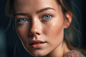 Generative AI illustration of portrait of unemotional young blond woman with blue eyes looking at camera against blurred background
