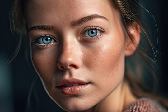 Generative AI illustration of portrait of unemotional young blond woman with blue eyes looking at camera against blurred background