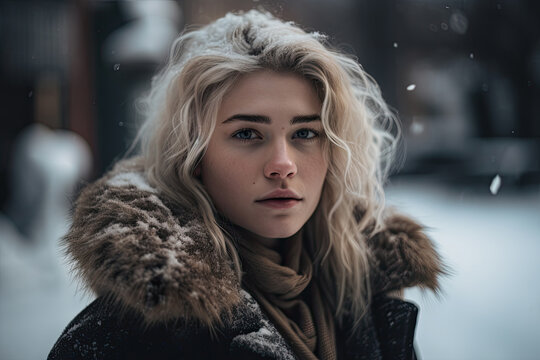 Generative AI illustration of side view of unemotional young blond female with blue eyes and freckles in warm clothes looking at camera against blurred snowy day in winter