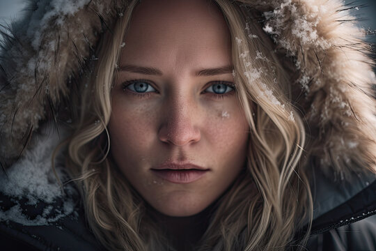 Generative AI illustration of portrait of unemotional young blond female with blue eyes and freckles in warm clothes and hoodie looking at camera against snowy day in winter