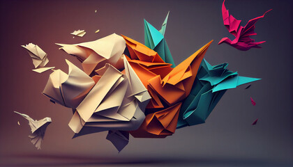 Concept of fresh thoughts and ideas as a mark of inspiration and creativity metaphor as a collection of crumpled papers, with one unique paper changing into a fluttering origami bird - obrazy, fototapety, plakaty