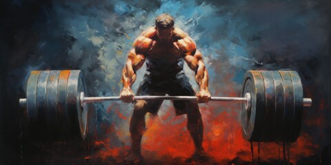 An Oil Painting of Strength Training - Muscle Power - An oil painting depicting a strength training session with weights, promoting muscle strength    Generative AI Digital Illustration - obrazy, fototapety, plakaty