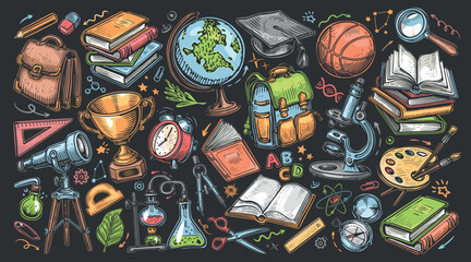 Obraz premium Education concept. Set of school items in cartoon funny style. Vector illustration