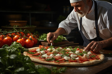 A Masterpiece in the Making: A Low-Angle Photo of a Pizza Chef Expertly Dicing Fresh Ingredients for a Rustic Italian Pizza.

