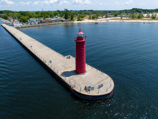 Aerial view Muskegon Michigan, lighthouse on Lake Michigan, USA. Summer 2023