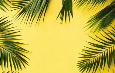 Fototapeta na wymiar modern yellow background with palm leaves