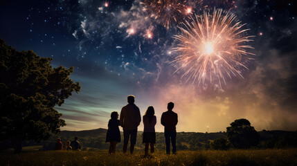 Obraz na płótnie Canvas Night of Wonder. People Observing Fireworks in the Sky. AI Generative