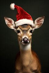 Baby deer with Santas hat. Minimal Christmass concept. AI generative, illustration
