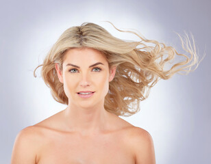 Portrait, woman and beauty of hair in wind on studio background for cosmetic growth, keratin treatment or shine. Face of female model with blonde haircare, curly waves and aesthetic texture in breeze