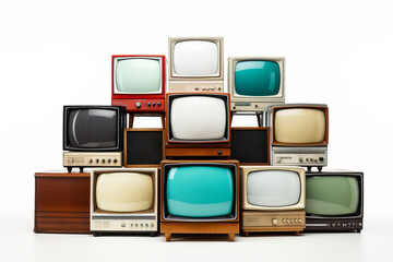 A collection of old vintage retro tv television sets in a stack
