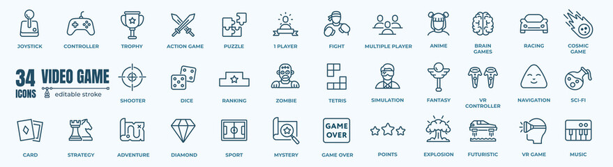 Set of Video game Icons. Simple editable line art style icons pack. Vector illustration - obrazy, fototapety, plakaty