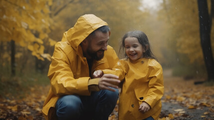 Father and daughter, playing, in the rain, among yellow autumn trees, they are laughing, happily, capturing moment. 