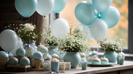Celebrating Baby Boy: Charming Baby Shower Decor and Theme-Inspired Food. AI Generative.

