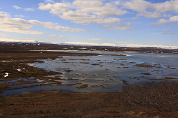 Mývatn is a shallow lake located in an area of active volcanism in northern Iceland, near the Krafla volcano