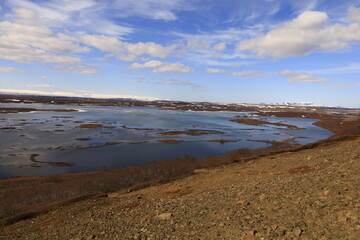 Mývatn is a shallow lake located in an area of active volcanism in northern Iceland, near the Krafla volcano