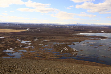 Mývatn is a shallow lake located in an area of active volcanism in northern Iceland, near the Krafla volcano