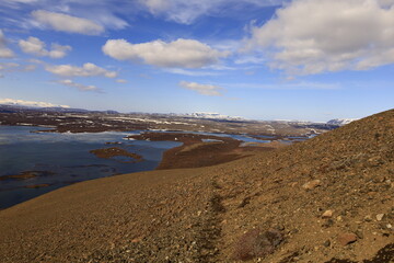 Mývatn is a shallow lake located in an area of active volcanism in northern Iceland, near the Krafla volcano