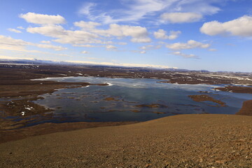 Mývatn is a shallow lake located in an area of active volcanism in northern Iceland, near the Krafla volcano
