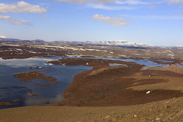 Mývatn is a shallow lake located in an area of active volcanism in northern Iceland, near the Krafla volcano