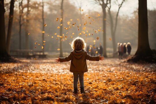 child playing in autumn park throwing leaves in the air, copy space, banner - generative ai