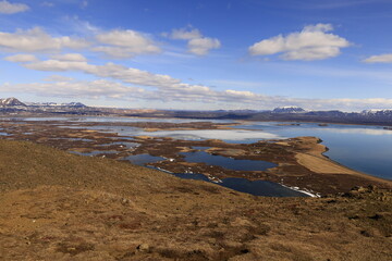 Mývatn is a shallow lake located in an area of active volcanism in northern Iceland, near the Krafla volcano