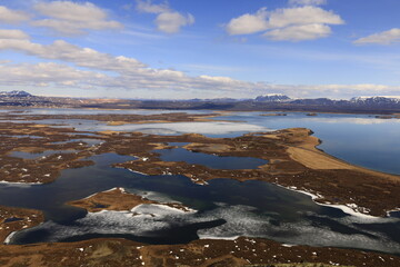Mývatn is a shallow lake located in an area of active volcanism in northern Iceland, near the Krafla volcano