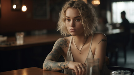 Modern woman, sitting, across, from you at a restaurant, blonde hair, low cut top, uncovered, shoulders, unbuttoned, blouse, curly, long blonde, hair, small, tattoos on her arm, 35mm film, wooden, tab