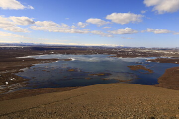 Mývatn is a shallow lake located in an area of active volcanism in northern Iceland, near the Krafla volcano