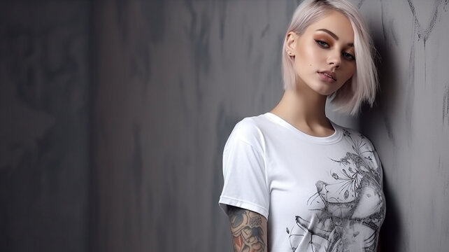 Oversize, white, Galliano, style t - shirt, mockup, photo with girl, topmodel, with tatoos, light concrete, background, professional mockup, photo 