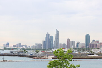 Panoramic view of the bridge and river in the downtown city of Chicago, IL downtown —birds' eye...