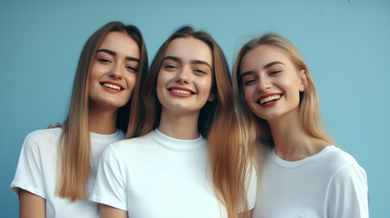 Three young, beautiful smiling, hipste,r female, in trendy, same summer ,white t - shirt, and jeans, clothes. Sexy, carefree, women posing, near light ,blue wall, in studio. Cheerful, and positive mod