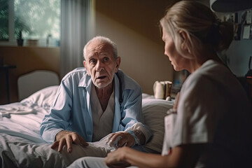 An old man lies confused in his sickbed in a retirement home and looks at his nurse. Concept motif on the subject of dementia, Alzheimer's and retirement home.