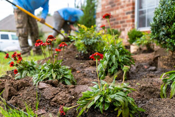 Landscaping Company Tending to A Front Lawn, Flower Bed Cutting Grass, Blowing Debris, and A Retaining Wall