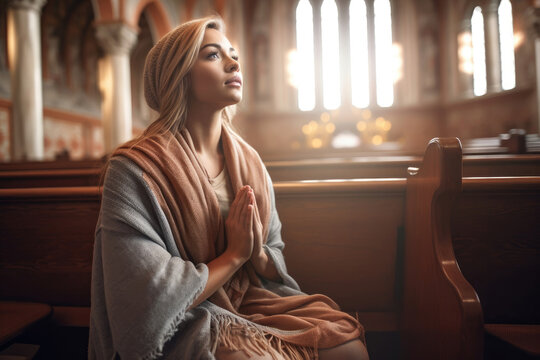 a young blonde woman praying in church. Conceptual image for Christian faith, religion and prayer.