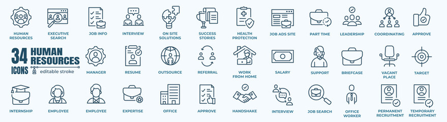 Headhunting And Human Resources minimal thin editable stroke icon set. Included the line icons as Recruitment, Career Goals, Resume or CV, and more. Outline icons collection. Simple vector illustratio - obrazy, fototapety, plakaty