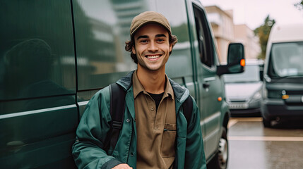 A young delivery driver in a green jacket is smiling in front of a green delivery truck.