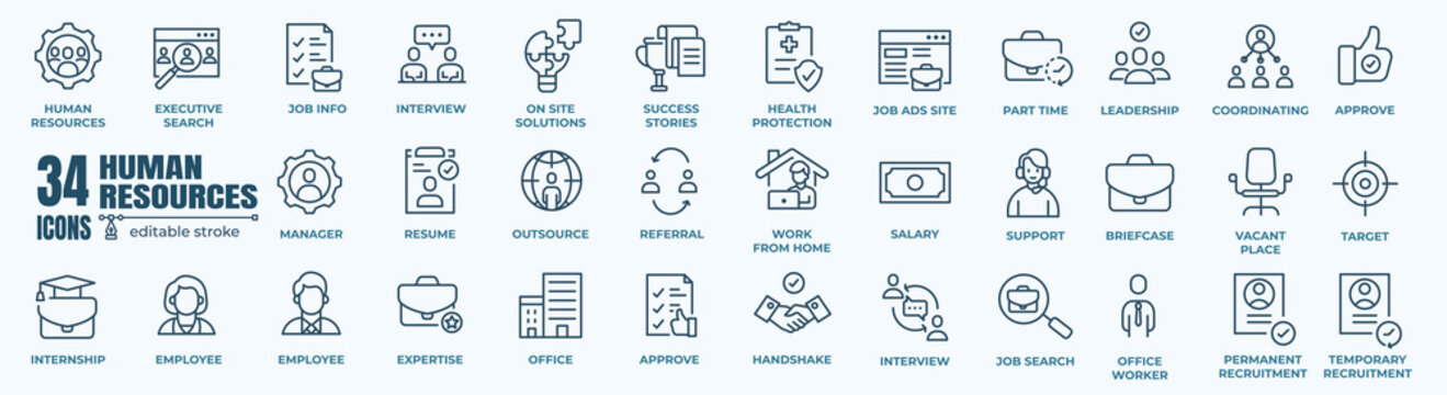 Headhunting And Human Resources minimal thin editable stroke icon set. Included the line icons as Recruitment, Career Goals, Resume or CV, and more. Outline icons collection. Simple vector illustratio