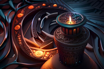 Ornamental Arabic lantern with burning candle glowing .