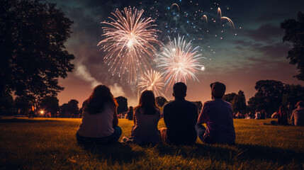 Night of Wonder. People Observing Fireworks in the Sky. AI Generative