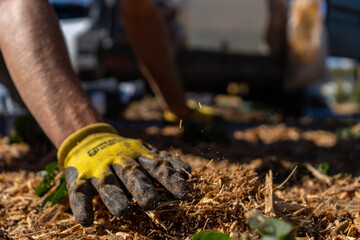 Landscaping Company Tending to A Front Lawn and Flower Bed Cutting Grass and Blowing Debris