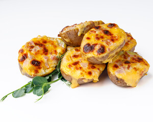 potatoes with bacon and cheddar cheese on white background for restaurant menu