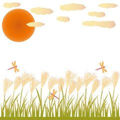 ススキと赤とんぼと夕暮れの秋をイメージしたイラスト　正方形バージョン © Rica Nohara