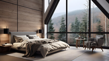 Bedroom overlooking the forest. Generative AI