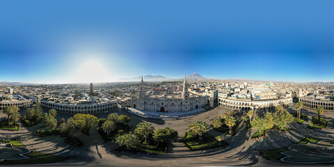 Aerial view of the Cathedral of Arequipa in the city of Arequipa. 360