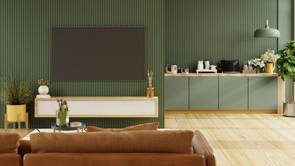 Living room interior wall mockup in dark green room with leather sofa which is behind the kitchen.