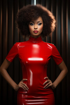 Perfect afro female top model wearing a beautiful short red latex dress. illustration created with AI