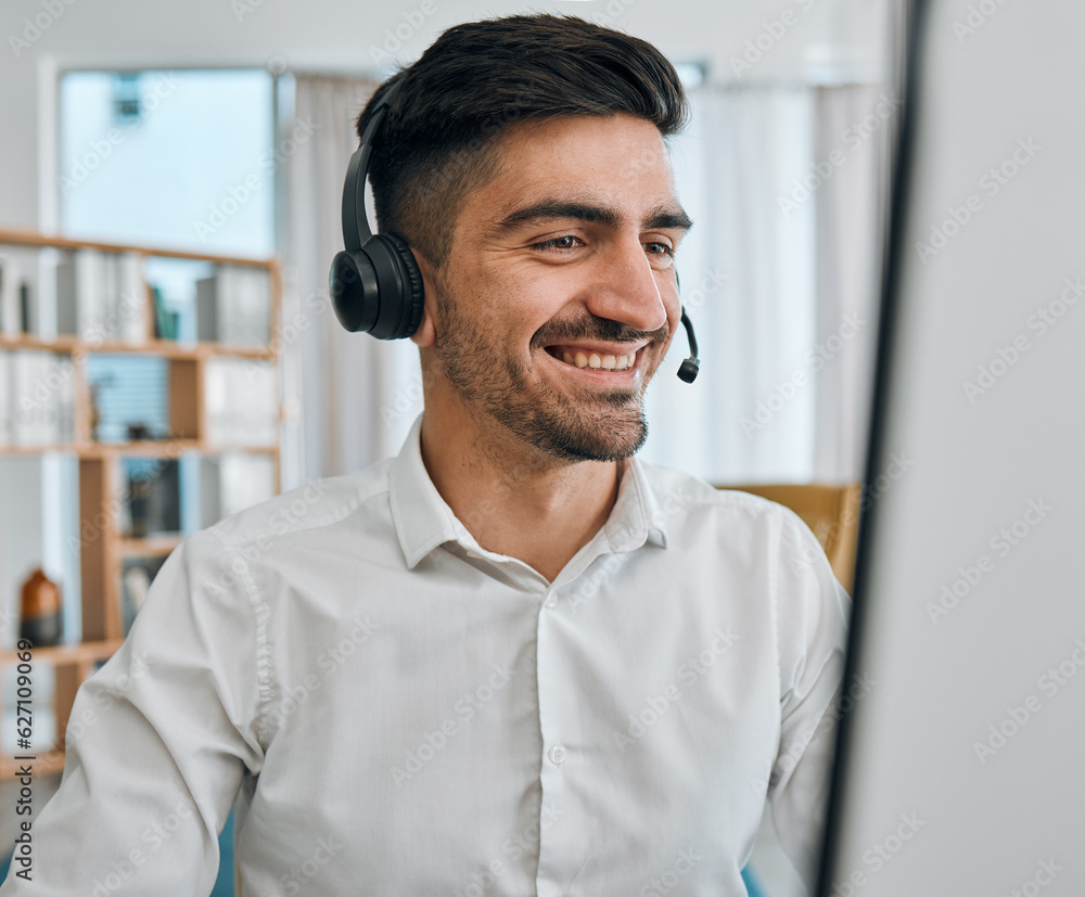 Poster call center, man or happy consultant at computer for customer service, technical support or crm cons